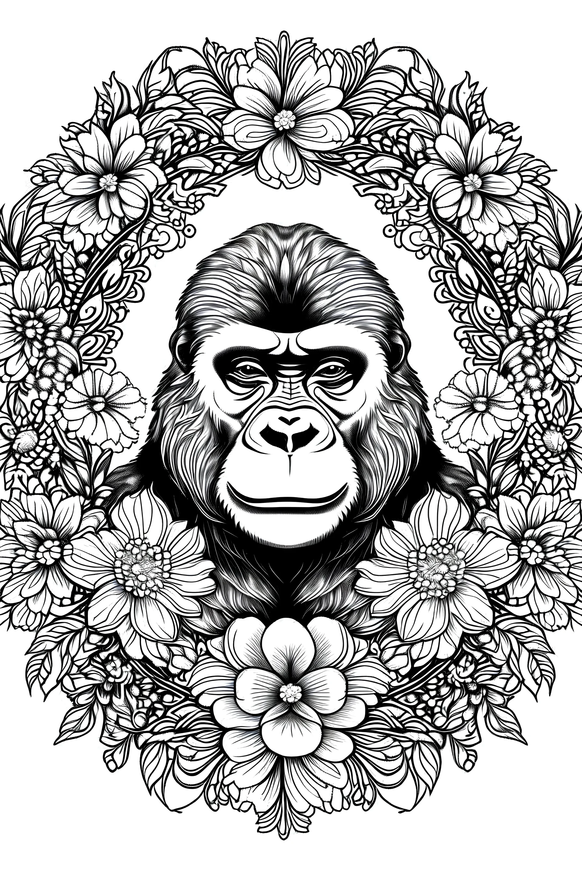 portrait of gorilla and background fill with flowers on white paper with black outline only, style mandala