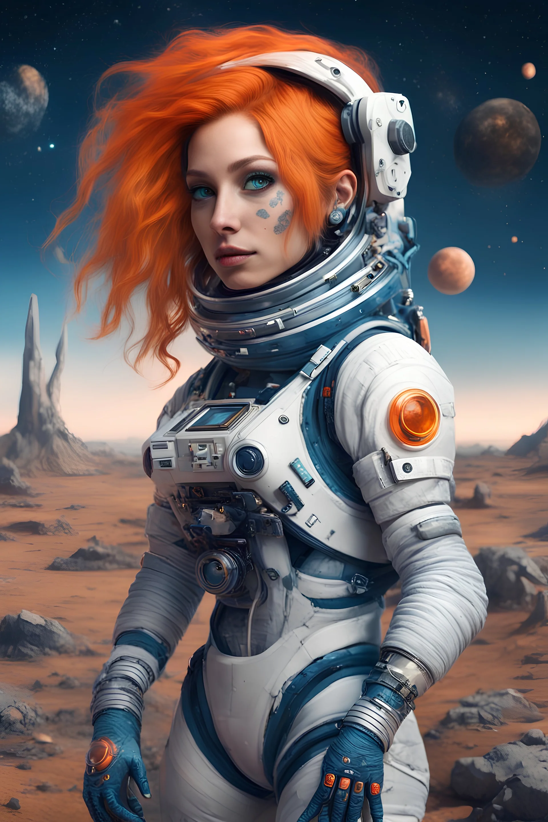 Astronauta mujer reptil color azul, con ojos grandes, cabello anaranjado,con tatuajes y con accesorios tecnológicos. Plano lejano cuerpo entero con el universo de fondo.