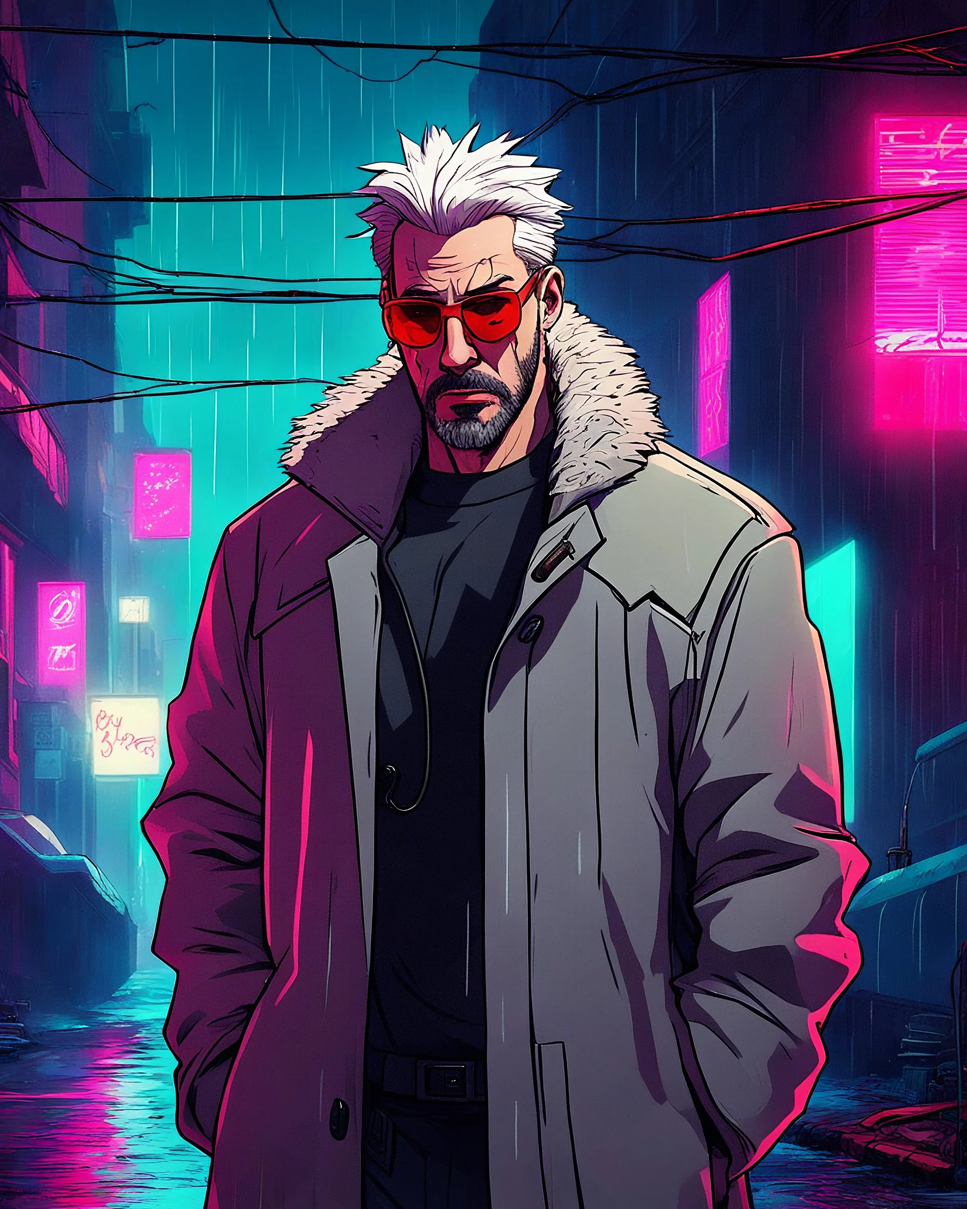 a young man with big muscles and white frosted hair who looks like hans gruber wearing a cyberpunk heavy coat and red sunglasses and a futuristic earpiece staring with an irritated look on his face standing in a dingy alleyway at night while rain falls and neon lights reflect in a realistic style