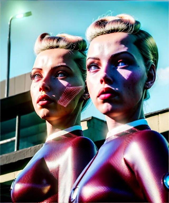 Ultra Realistic retro sci-fi movie Supermarket parking people scene, 1960 year, waist up view portrait, 2 clones blonde women, sweet scarlet Johansson face, perfect iris, glow eyes, face makeup, tight latex coat. many people looking, Retro sci-fi style, soft color, highly detailed, unreal engine 5, ray tracing, RTX, lumen lighting, ultra detail, volumetric lighting, 3d, finely drawn, high definition, high resolution.