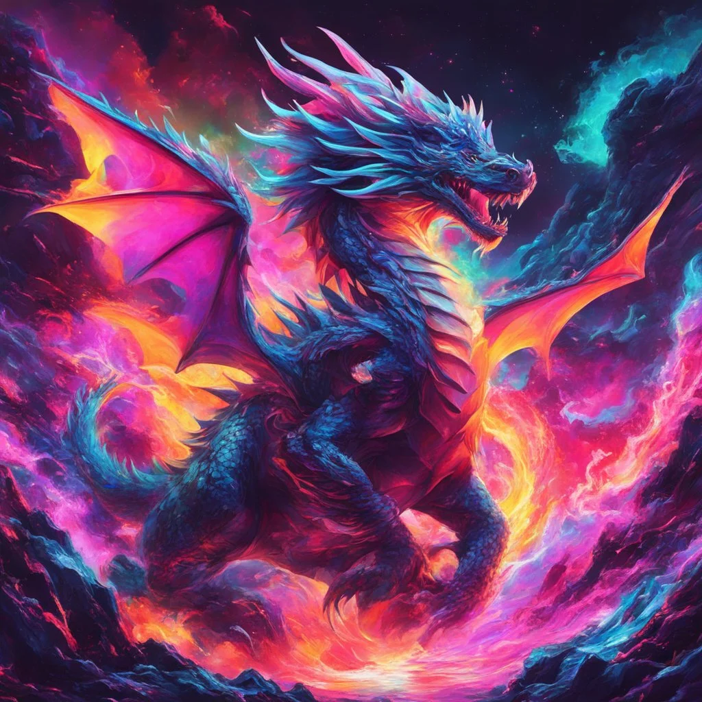 Dragon in a vibrant synthwave dreamscape, neon chaos swirling energetically around pixelated forms, a dynamic fusion of retro gaming nostalgia and futuristic abstraction