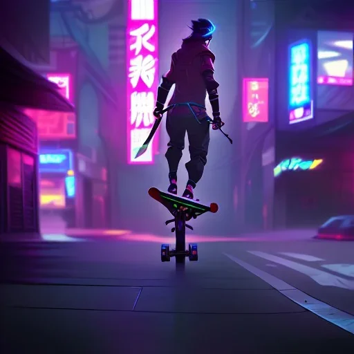 photo of a ninja riding a skateboard; ; in an alternate universe in tokyo; cyberpunk; realistic; rain; neon signs