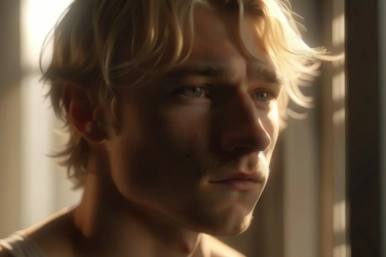 A macro portrait of an athletic teen boy with honey brown eyes, messy golden blond hair, cute, innocent and thoughtful, leaning against a window, a hint of facial hair, no shirt, shirtless, inside an empty room with warm sunlight streaming in, detailed, high definition, 4K, 8K, quality render