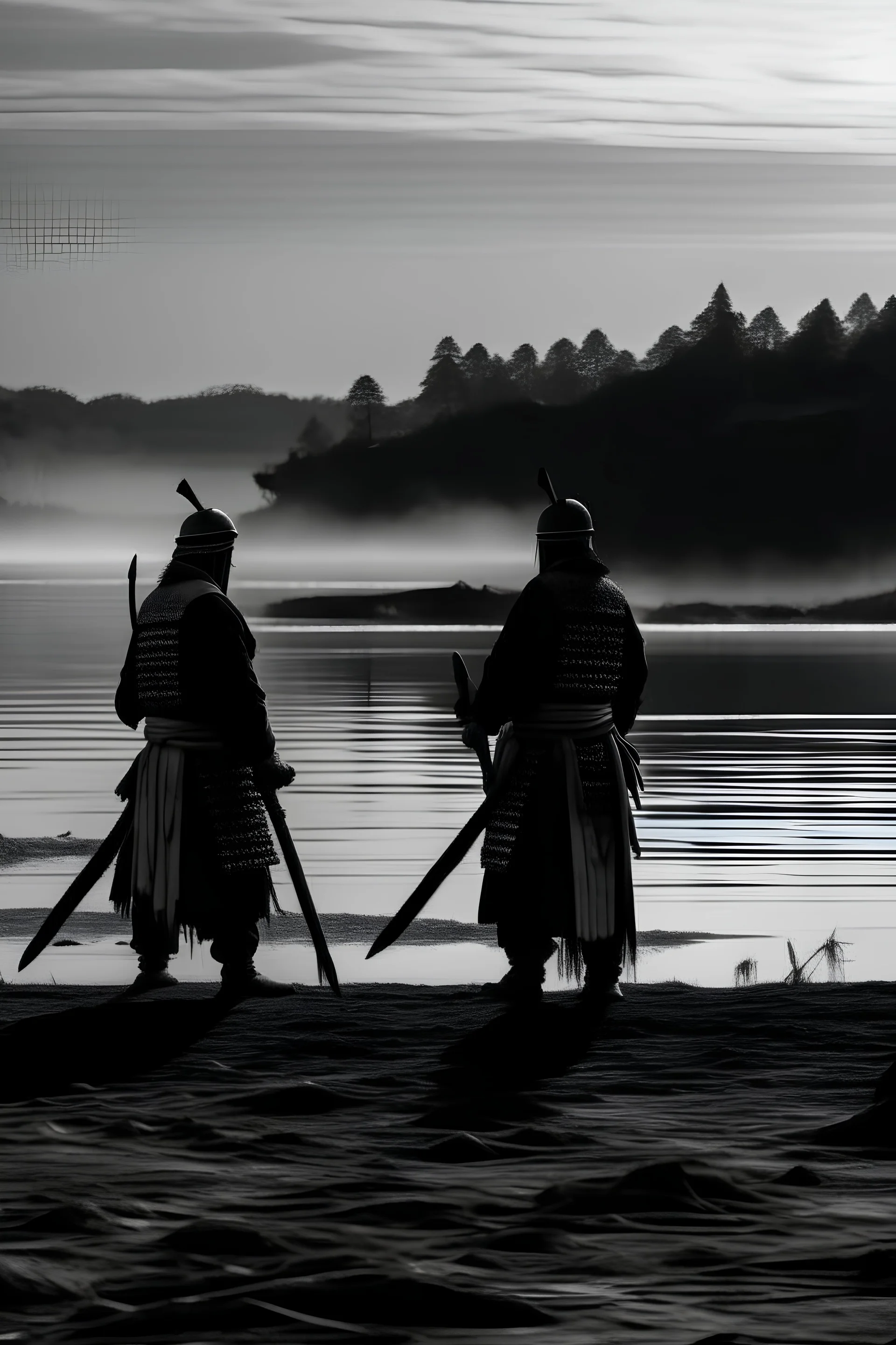 en un amanecer 2 samurái enfrentado sus espadas en la rivera de un lago, con una multitud observándoles desde la distancia en plano general de izquierda a derecha en estilo monocromía