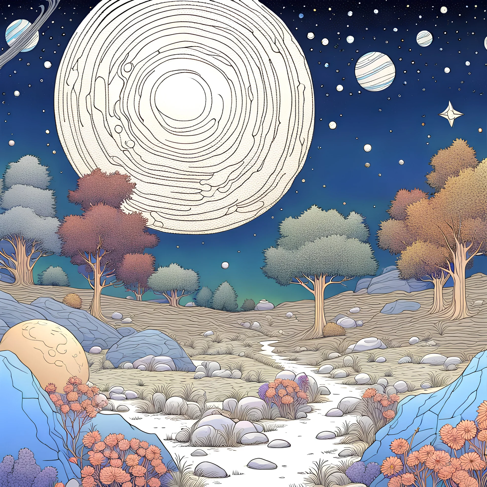 Peaceful night, sky filled with galaxies, stars, planets; rocks scattered on the ground, animals, trees, flowers, one-line drawing, sharp focus, 8k, 3d, intricate, rich colors