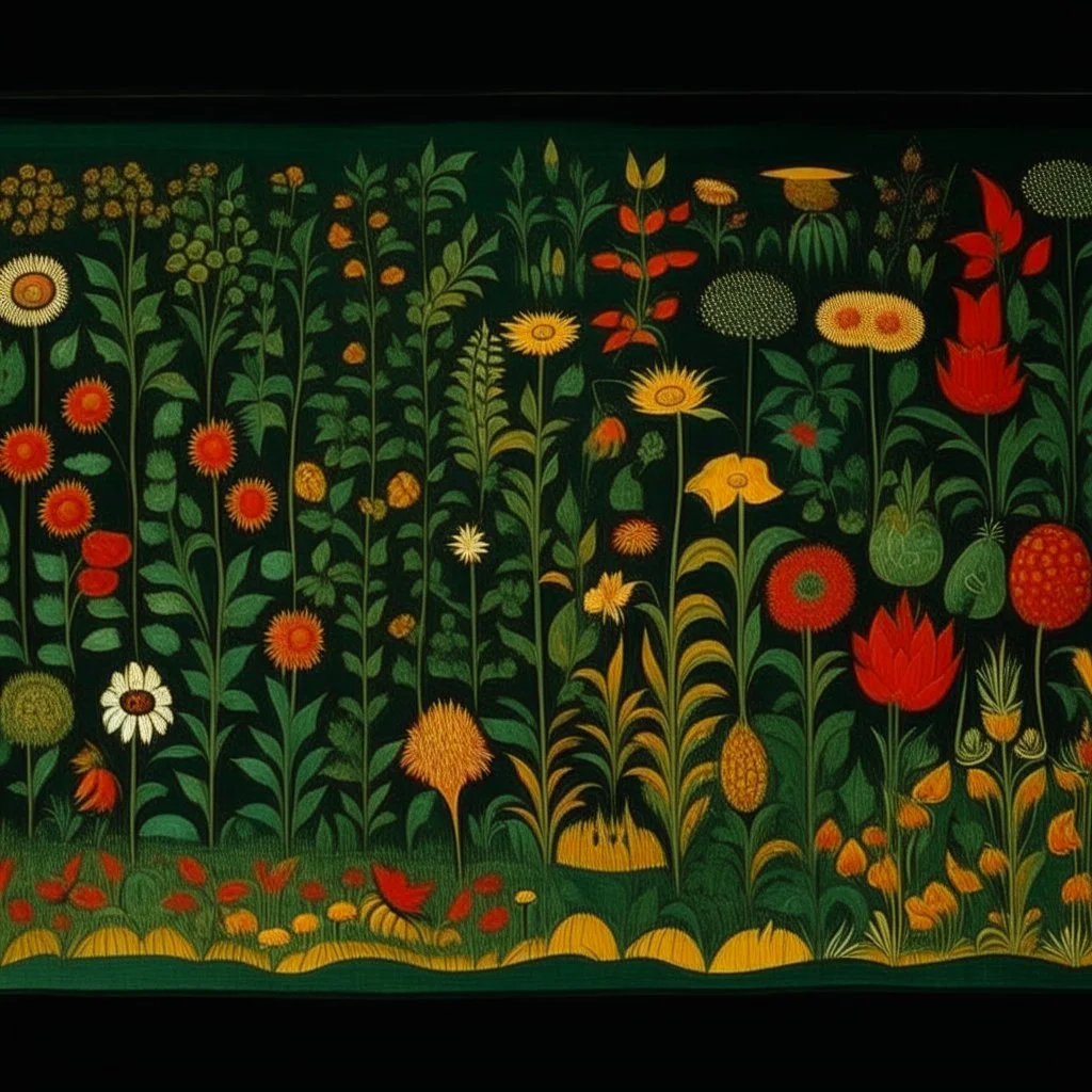 A dark green field with flowers designed in Navajo woven art painted by Pieter Bruegel the Elder