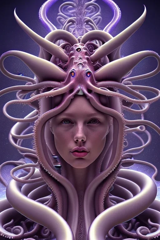 Spiritual being with Tentacles over human Head creating reality around, wrapping Tentacles around Human, Psychedelic