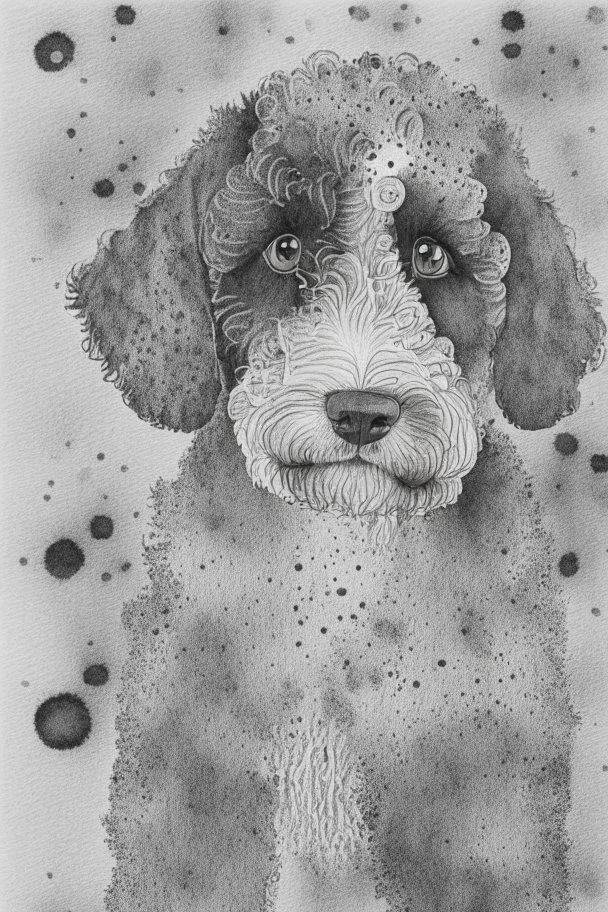 Abstract wet watercolour of a black and white bernadoodle, ink lines, interlinked circles, detailed,focus on eyes, watercolour paper