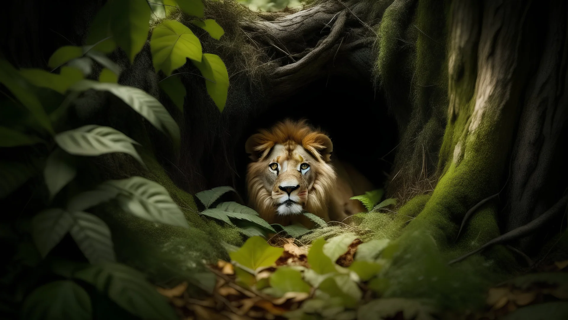 petite lion cache dans une foret difficiel a trouve