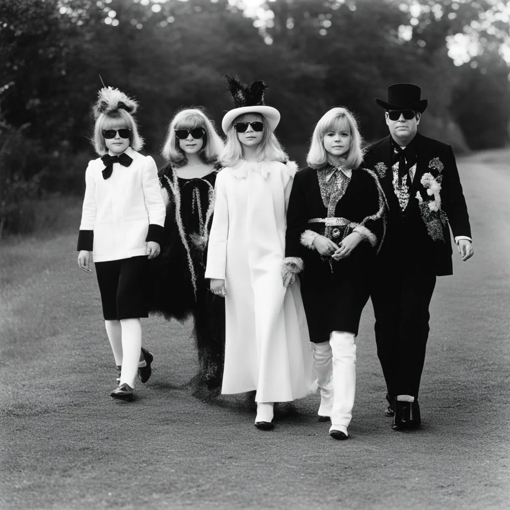 Elton John with girls and boys (in spooky costumes) trick or treating on Halloween. 1960s era