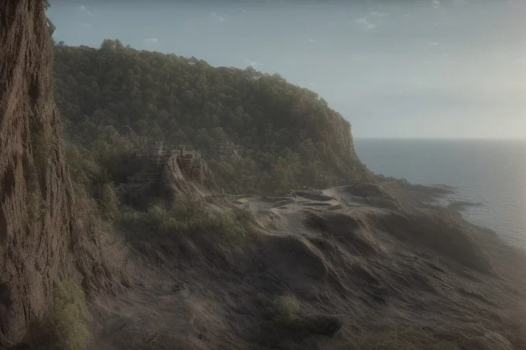 Looking up at a Craggy cliffside overlooking a sandy beachside, fantasy, mystical