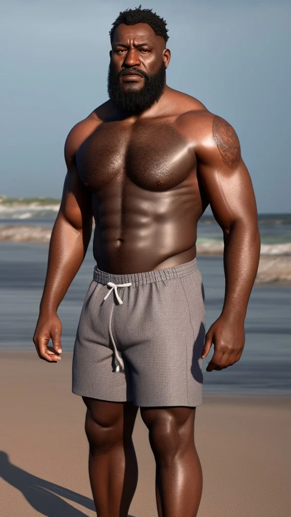 burly beefy nigerian fisherman sunbathing in mini pants, tattoo, bulge, manly chest, ugly, 61 years old, bullneck, goatee, long hairs, angry eyes, photorealistic, Canon EOS, 8k , on the beach