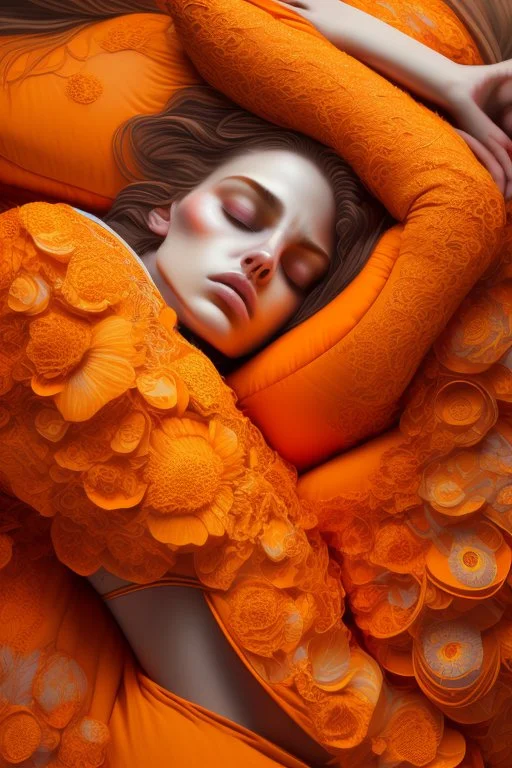 sleeping female, orange and yellow tones, insanely detailed and intricate, hypermaximalist, elegant, ornate, hyper realistic, super detailed, by Pyke Koch