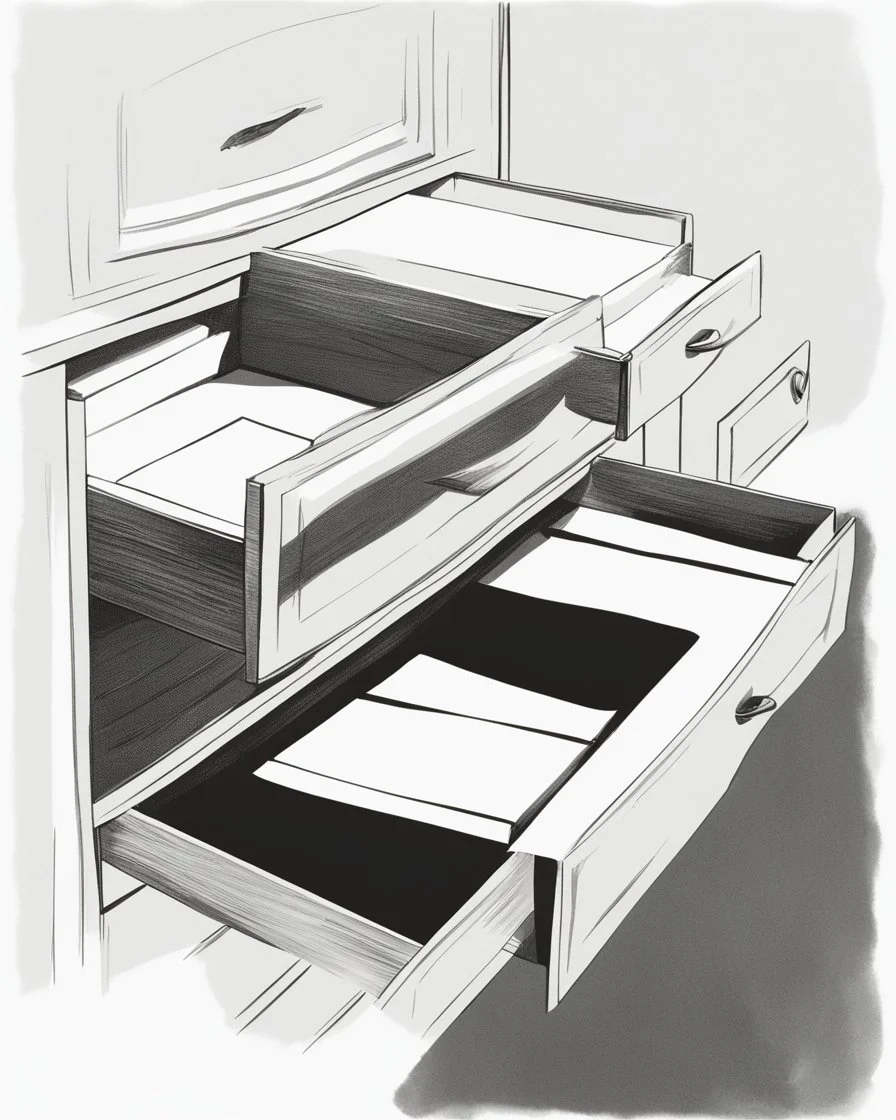 illustration of a drawer with an envelope in it against a white background.