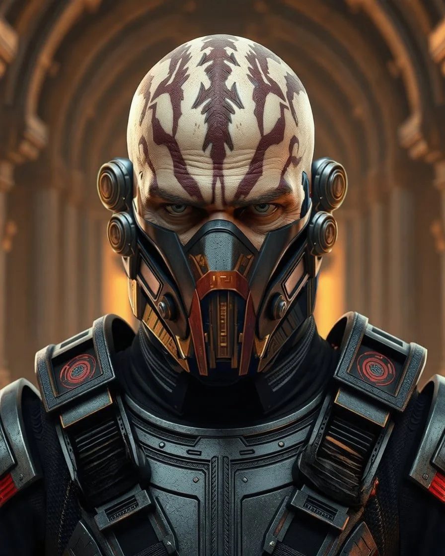 star wars heavily scarred head bald male corellian jedi wearing gunmetal grey and black old republic armored flightsuit and breath mask with gold and metallic red trim inside the jedi temple, centered head and shoulders portrait, hyperdetailed, dynamic lighting, hyperdetailed background, 8k resolution, volumetric lighting, light skin, fully symmetric details