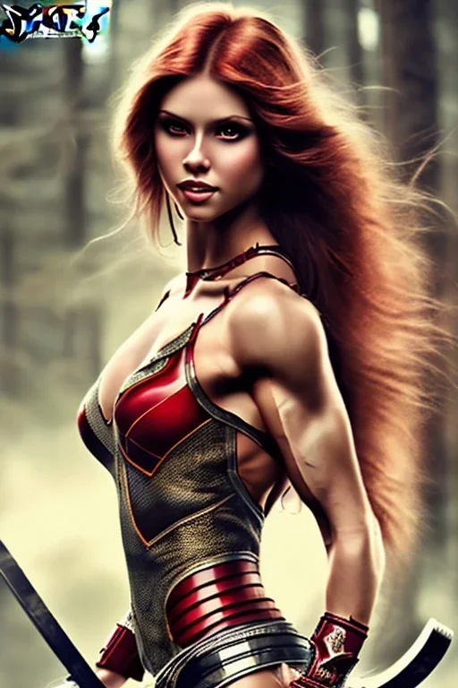 beautiful girl, bodybuilding, kräftig, red long gewelltes hair, smile, warrior princess, wald, nacht, wolf, sehr große oberweite, corsage, fantasy art