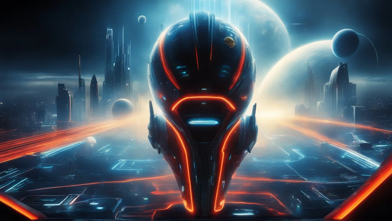 tron legacy movie, city of lights blue, red and yellow , programs, space ships, clouds, planets, creatures