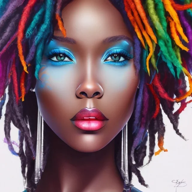 portrait of a beautiful black woman, with dreads, blue eyes, silver skin, colorful hair,