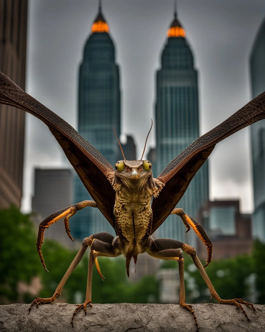 a national geographic style photograph of a 700ft tall eagle mantis lizard hybrid attacking detroit bilateral symmetry