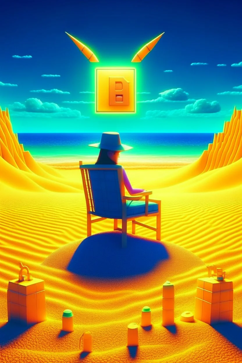 beeple THE ONLY LIMIT IS YOUR IMAGINATION in the sandbox with bucket and spade and bitcoins