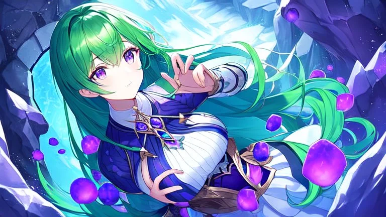 A girl with green hair touches a magical purple stone by the river