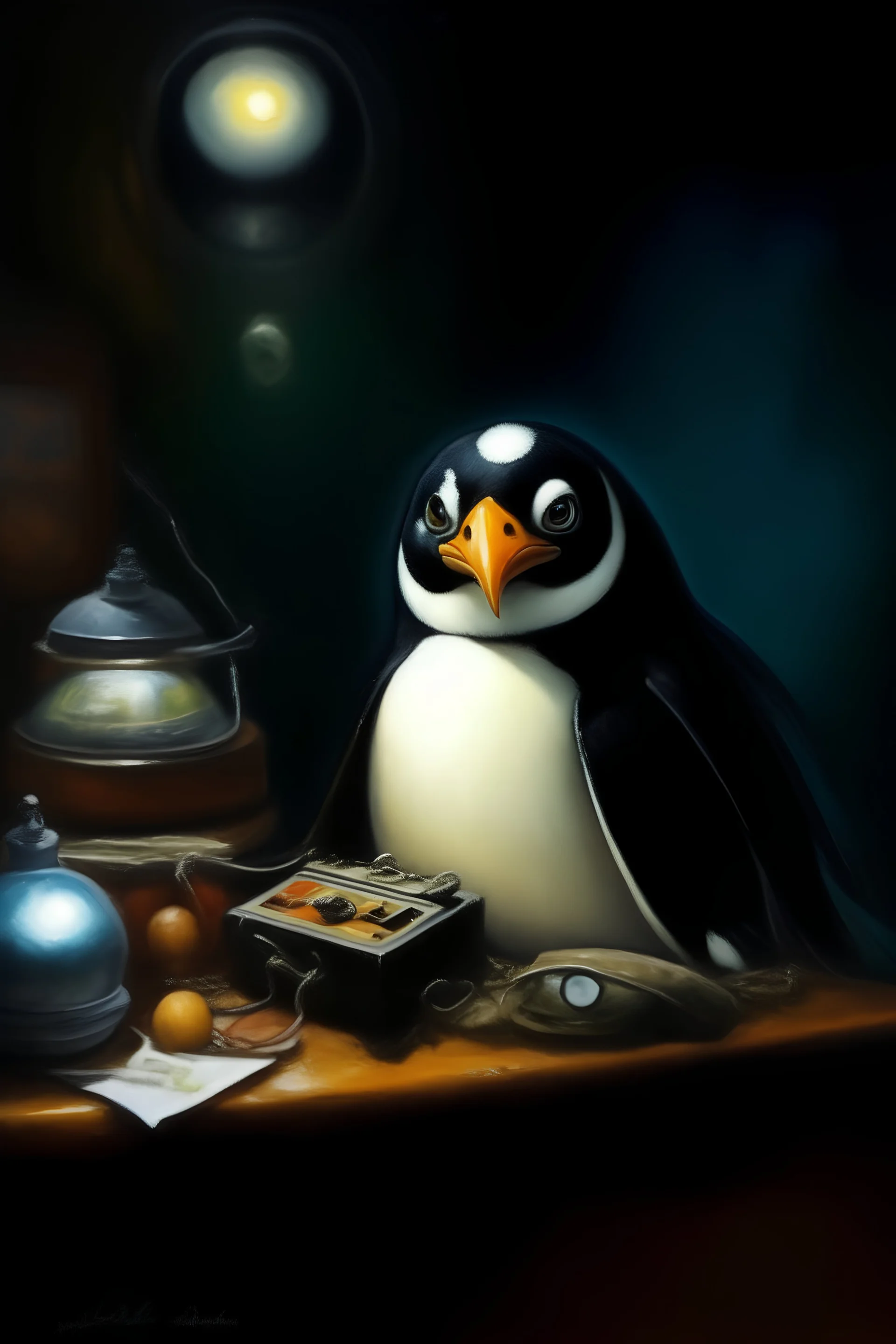 1970's dark fantasy cover dnd style oil painting frontal webcam picture of pengu the penguin, busniess and money bank.