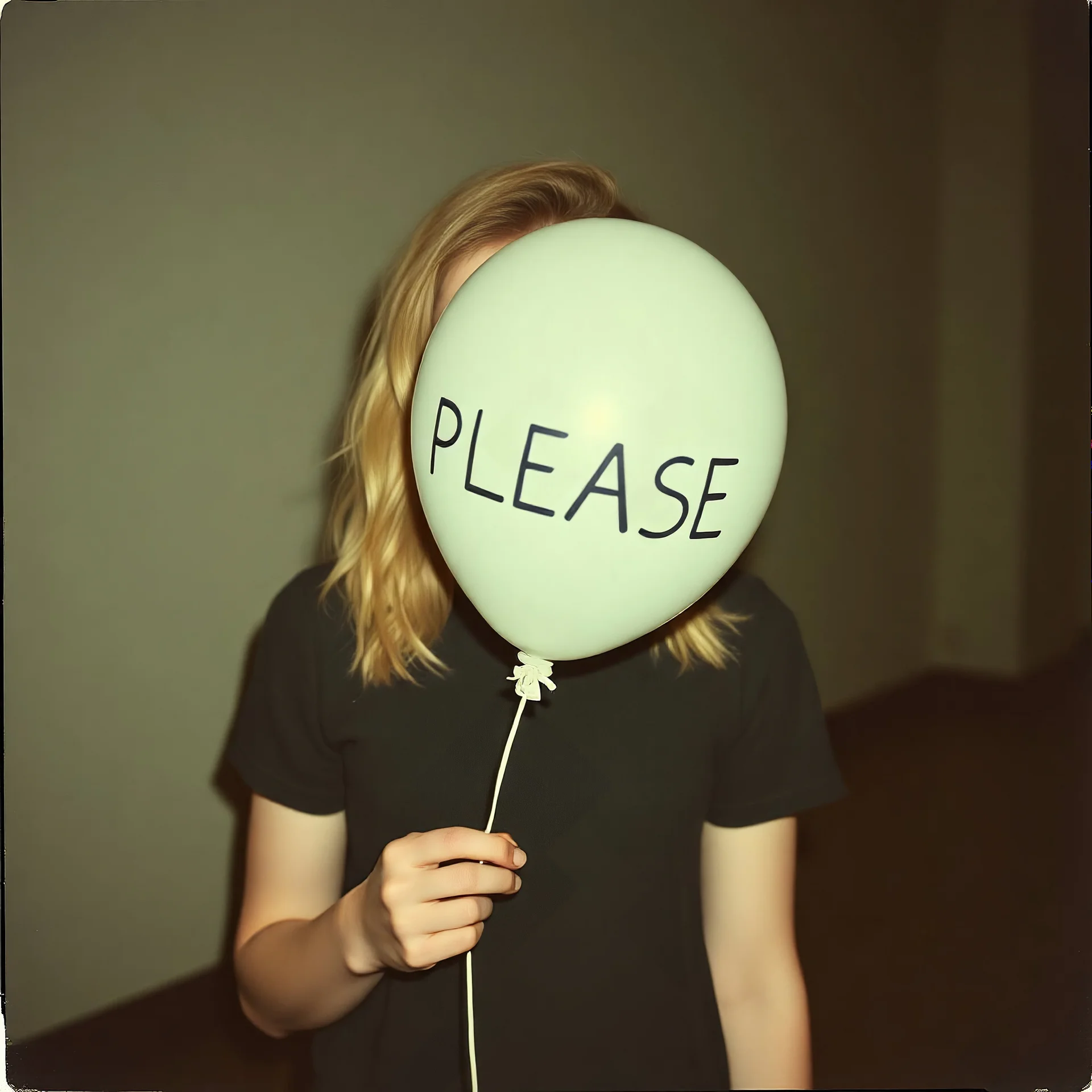 a young sad woman who looks like blond Elle Fanning, holding a balloon where is it written "PLEASE", surreal, liminal atmosphere, polaroid