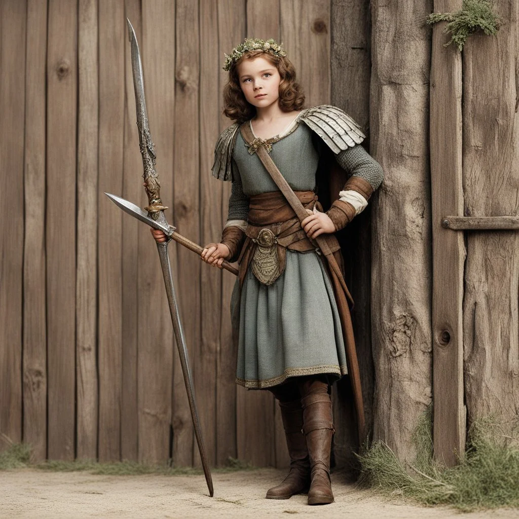 [high res photography by Ray Harryhausen] Joan:A farmer girl from Domremy, a village in medieval France, touched by a divine calling at a tender age. She presents all sorts of pole arms on a wooden wall: Spear Halberd Guisarme Partisan Bardiche Bec de Corbin Ranseur Voulge Bohemian earspoon Fauchard Lochaber