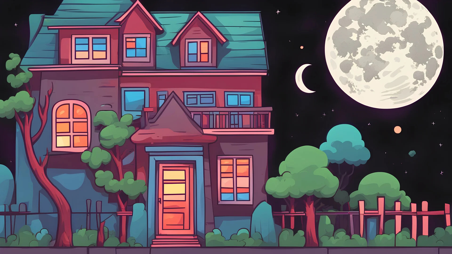 Cartoon rgb colors A house with a bright window in the middle of the city at night and darkness with the moon in the sky and behind the houses there are some trees