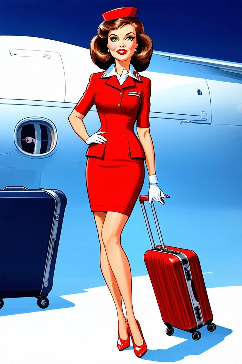 pin-up style realistic cartoon of 50 year old French brunette stewardess in short and tight red uniform dress with green eyes, very red lips and long eyelashes and who looks a bit like Elodie Cherie with shiny red very high heels and a cabin suitcase