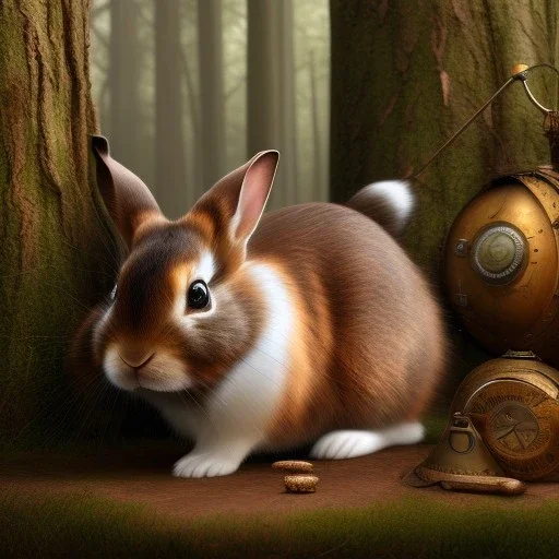 Forest in steampunk rabbit, extremely detailed, UHD, 8k,The close-up camera effect,sharp focus,perfect,position,hyperphotorealistic