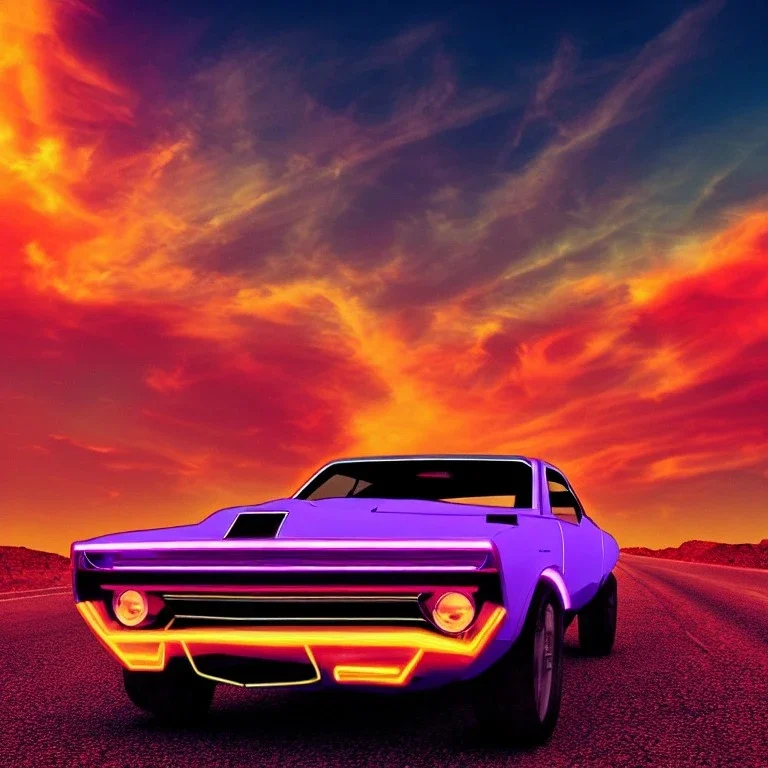 art deco, cyberpunk, neon muscle car, desert road, sunset, full colour, hd,