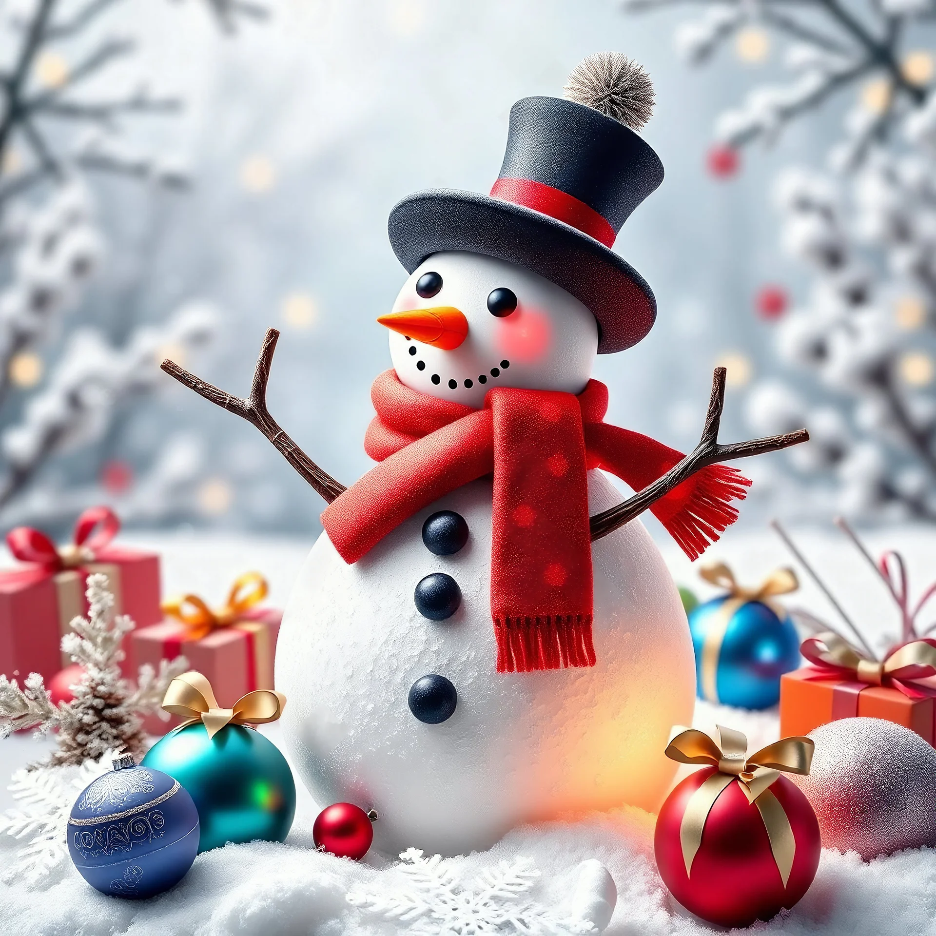 Create multicoloured Snowman with around snowflakes gifts and balls and winter background