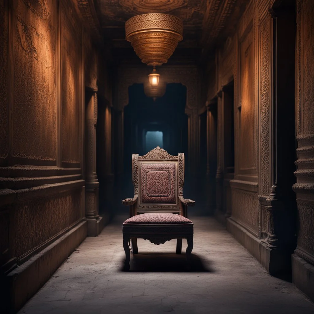 Hyper Realistic traditional ancient chair between a huge dark hallway of a historical Indian palace with peeling wall paints at night