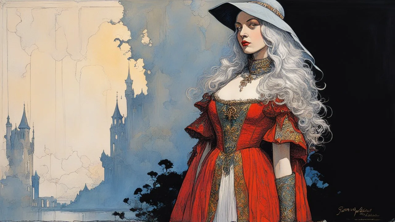 ink oil, full body portrait painting of a medieval vampire girl in the impressionist style of Childe Hassam, mixed with art nouveau, and abstract impressionism, and the comic art style of Jean-Giraud Moebius ,precise and sharply defined edges, in vibrant natural colors