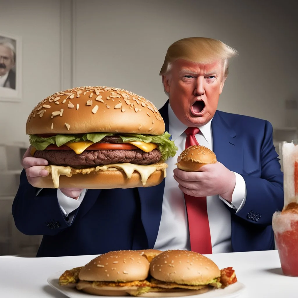 fat donald trump eating the biggest hamburger with Hitler