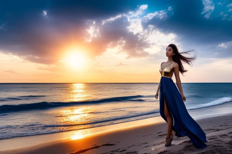 very nice real face beautiful sexy roman with make up at the beach standing pose in a short lace dark blue and silver dress, full body, 3D cloudy sky volumetric nice clouds 8k sharp focus,sunset,golden hour