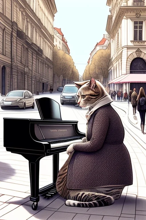 One single mature cat lady playing piano on the street, Vienna, friendly, model style, hyper realistic, extremely accurate, delicate, extremely detailed, Graphic novel style, wide-angle, open aperture, superfine pencil