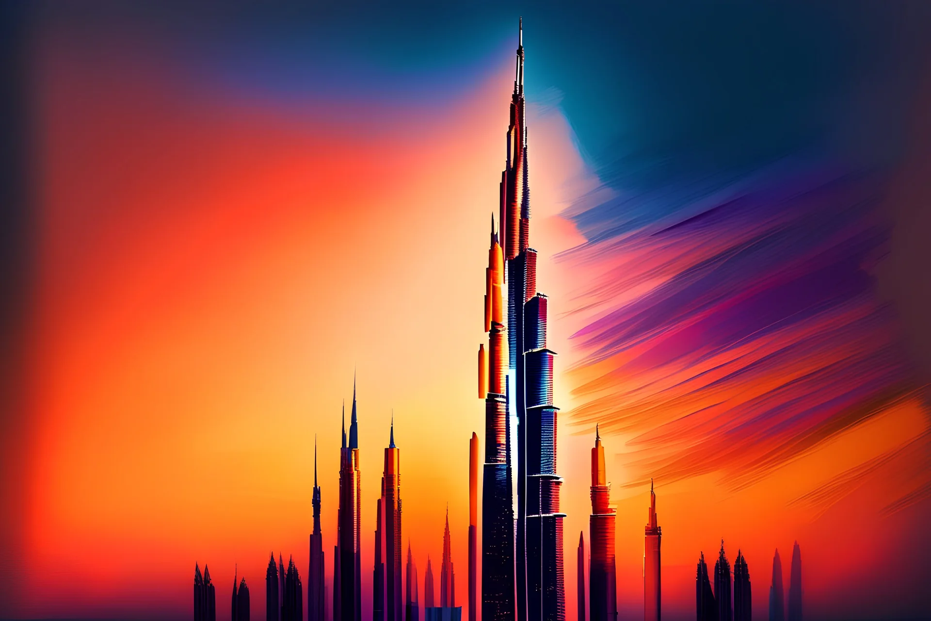 a photorealistic of Burj Khalifa, colorful, sunset, abstract