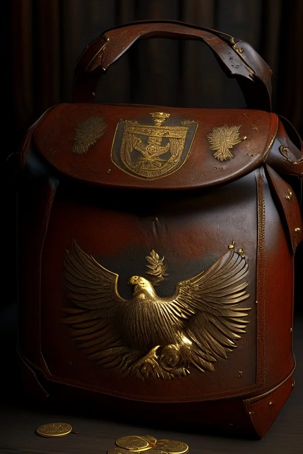 in the BASEMENT there is an old, broken brown oblong leather chest with short handles, with a hole on the side, gold coins from the time of Catherine the Great fall out of it. The ancient coat of arms of tsarist Russia, the double-headed eagle, is BARELY VISIBLE on the bag. All in high quality 8K