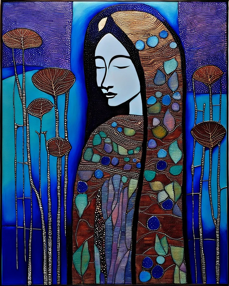 Mixed media painting "Hetairas in the autumn ". Acrylic, ink and sunken relief. Original oil painting by Margaret Macdonald Mackintosh. Style Edouard Vuillard. silver and full-colour illustration. Drifting, gouache with beads, sequins, and gold. in icy cool blues, aquas, warm siennas and ochres, Zentangle, Mosaik, patchwork