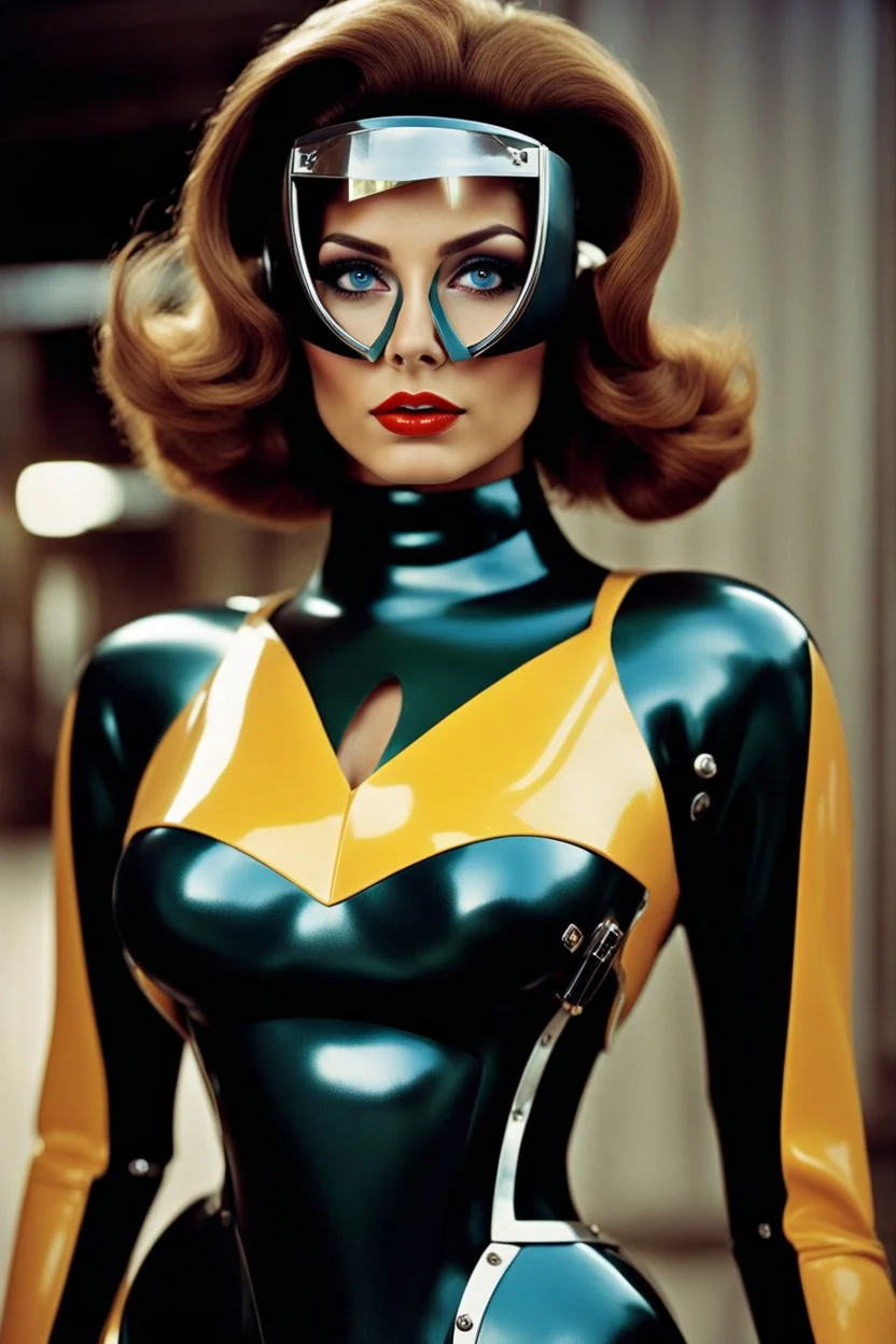 female humanoid robot, beautiful like a supermodel from the sixties, beautiful eyes, sexy, most beautiful, helmut newton, evil woman, hypnotic eyes, polaroid colors, electric sexuality