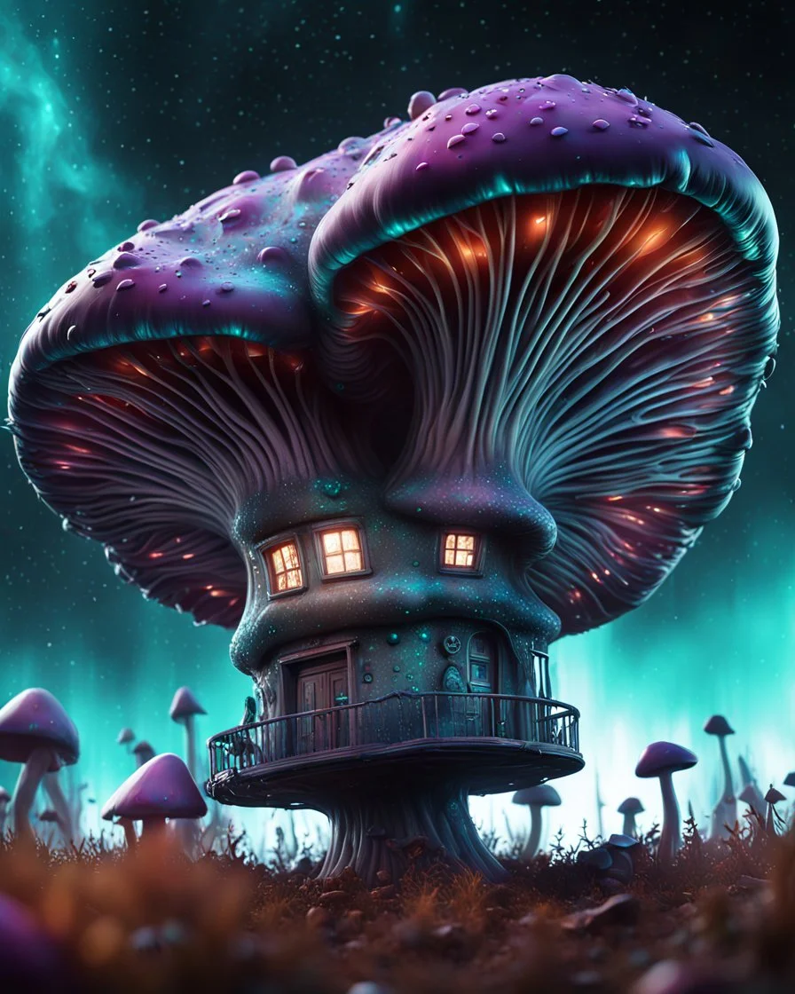 A singular weird floating mushroom house in space. platinum, white, teal and tetradic colors , Dark cosmic galactic interstellar. Detailed Matte Painting, deep color, fantastical, intricate detail, splash screen, hyperdetailed, insane depth, concept art, 8k resolution, trending on Artstation, Unreal Engine 5, color depth, backlit, splash art, dramatic, High Quality Whimsical Fun Imaginative unusual, good composition