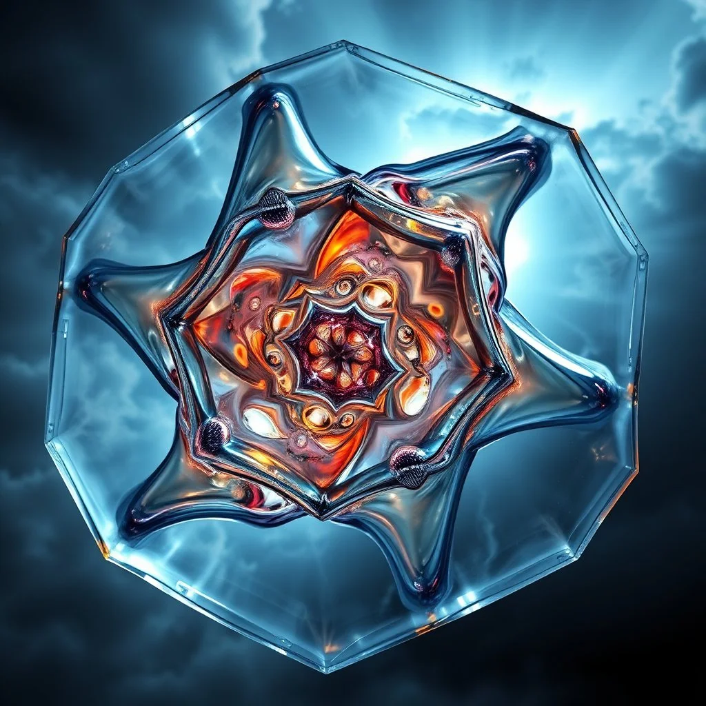 Dynamic hypnotic fractal 3D structures pentagonal Symmetry twisting and morphing between organic and geometric forms , smooth translucent iridescent glass with inner glow and bubbles, varied transparent materials, stormy skies, intense dramatic