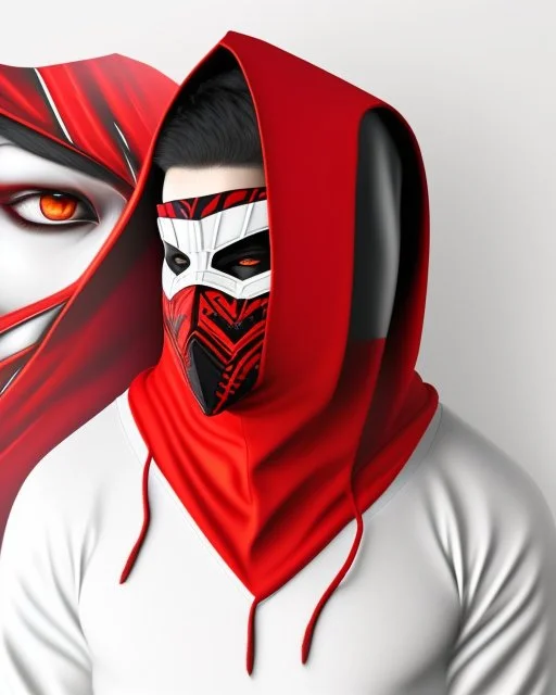 Draw an illustration with a red and black hood and a dragón mask over they eyes, front view