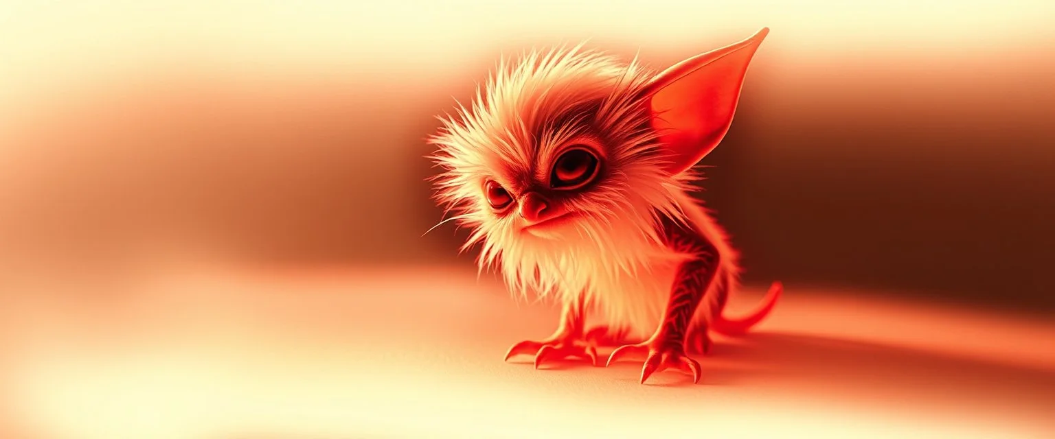 pen outline with some neon airbrush, glowing quickling gremlin in the shadows with long fluffy white fur, pin hole camera
