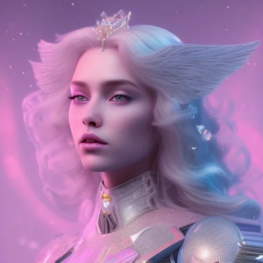 A portrait of a crystalised queen, atmospheric, realistic, unreal engine, cinematic lighting, octane render, transparent, long blond hair, pink lips, extremely sharp detail, finely tuned detail, ultra high definition, 8 k, unreal engine 5, ultra sharp focus, accurate sword wings, positive smile, highlight luminous suit blue and pink