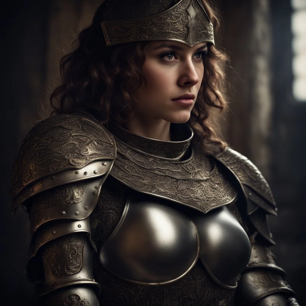 Behold the powerful alluring and pretty knight woman, her body adorned with the traditional knight armor, HDR, beautifully shot, hyperrealistic, sharp focus, 64 megapixels, perfect composition, high contrast, cinematic, atmospheric, moody