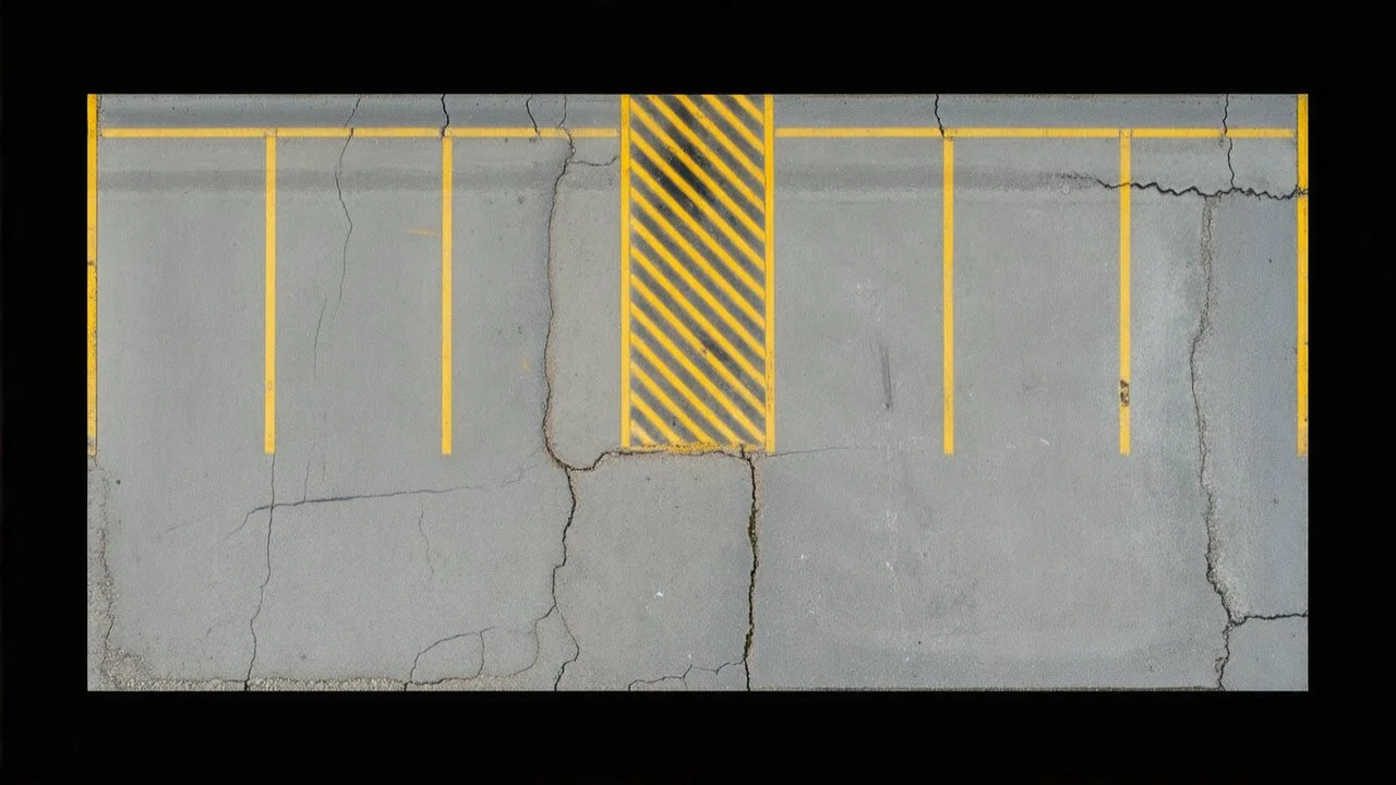 Ground layout for a parking lot. Add skid-marks, add many oil ground stains, fine cracks and weathering, wet spaces, potholes. and make a little darker