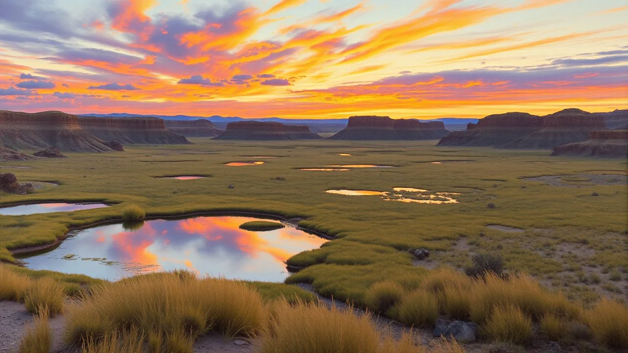 Landscape painting of the Badlands National Park, with ponds reflecting the vibrant sunset colors, realistic oil painting style, by Thomas Moran and Claude Monet, highly detailed brushstrokes, long shot perspective